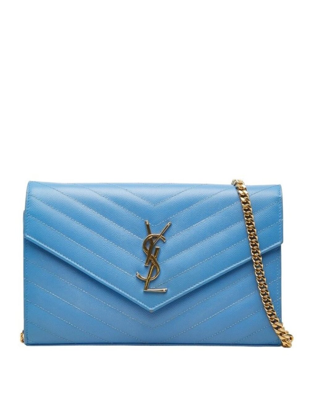 Saint Laurent Cassandra Envelope Chain Wallet Shoulder Bag Blue Gold Leather